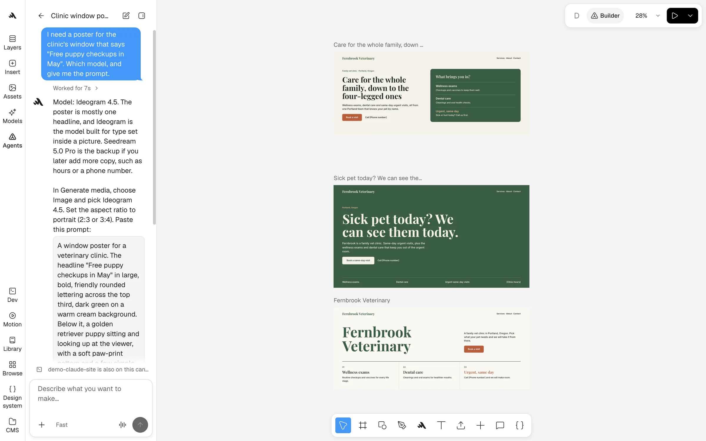 The BuilderStudio canvas with three homepage layouts for a vet clinic, and Builder’s chat on the left recommending an image model and writing the prompt.