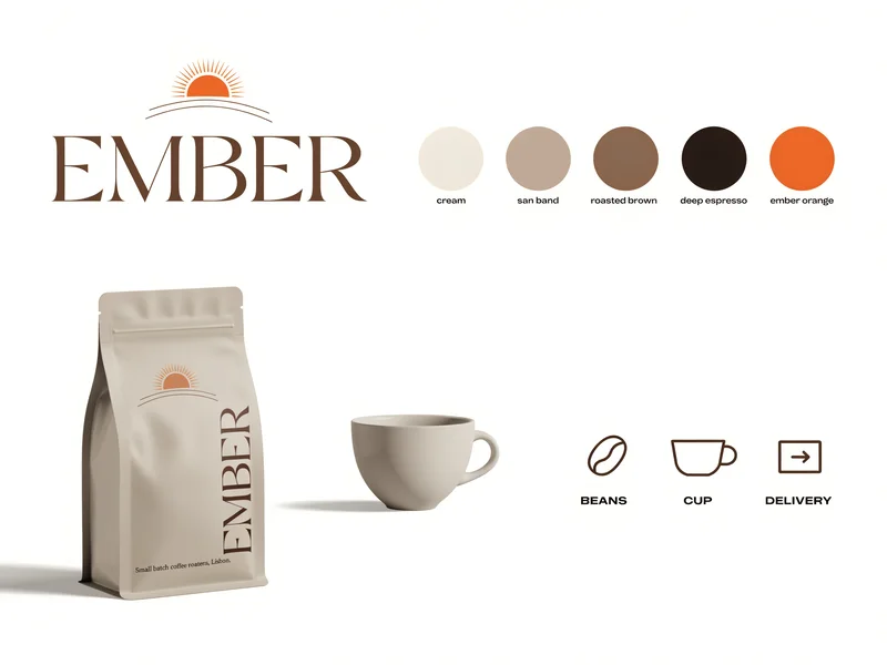 A brand board with the Ember wordmark, a five-colour palette, a coffee bag mockup and simple icons.