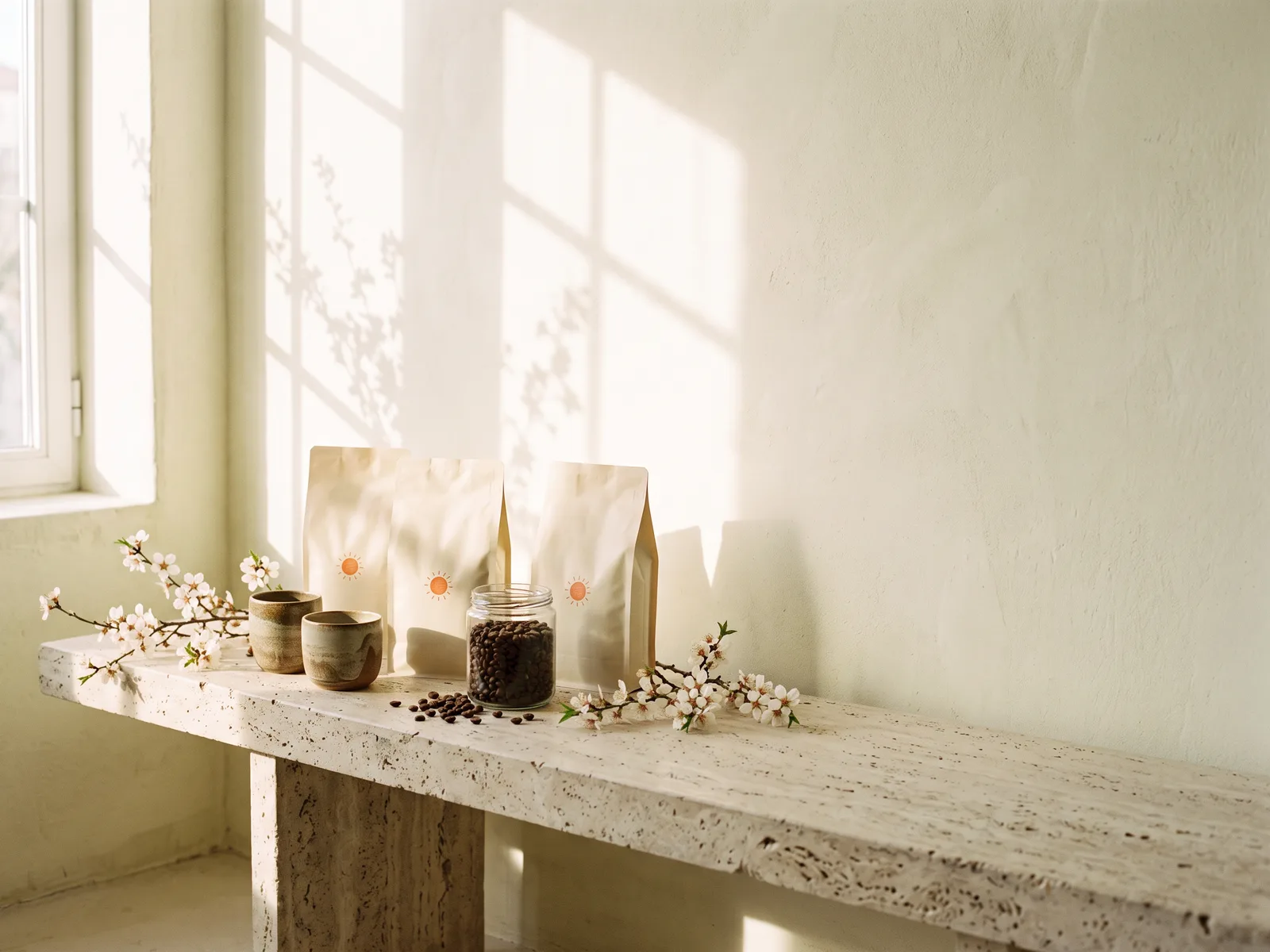 Three cream coffee bags on a travertine bench in morning light, generated on the BuilderStudio canvas.