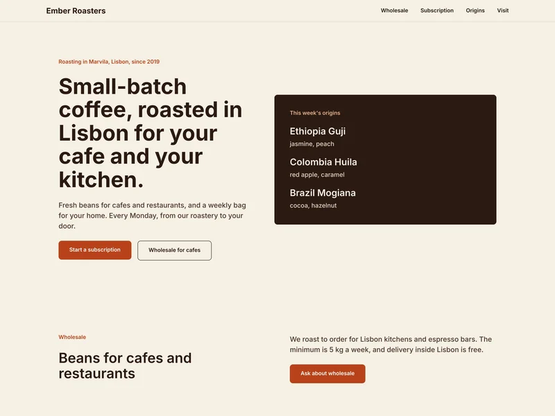 The Ember Roasters homepage Builder built and published: a headline, this week’s origins and a wholesale section.